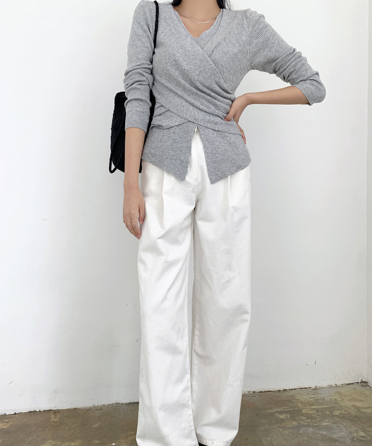 シャーリングラップドレープVニット GREY