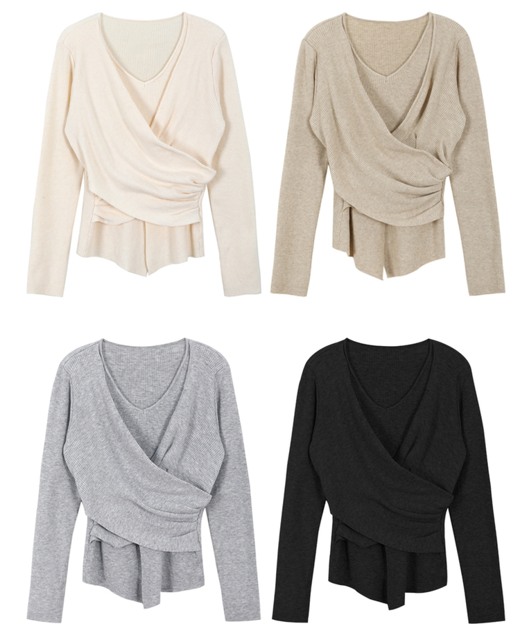 シャーリングラップドレープVニット