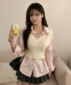 슈가 스트라이프 줄지 루즈핏 옆 트임 셔츠 핑크