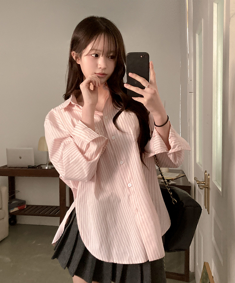 슈가 스트라이프 줄지 루즈핏 옆 트임 셔츠 핑크