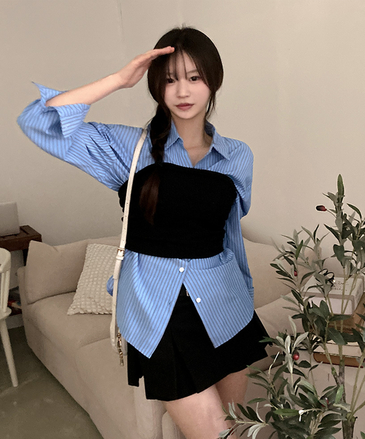 슈가 스트라이프 줄지 루즈핏 옆 트임 셔츠 블루