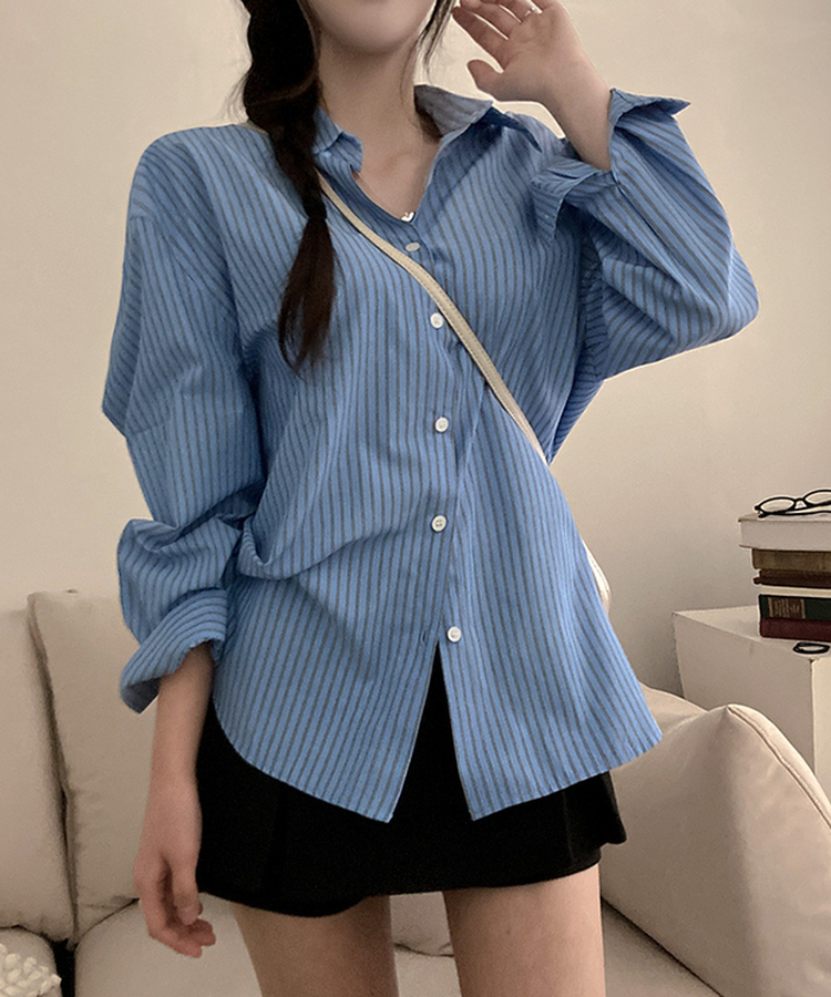 슈가 스트라이프 줄지 루즈핏 옆 트임 셔츠 블루