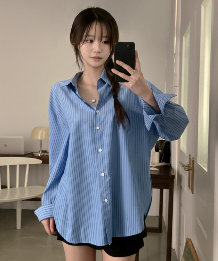 슈가 스트라이프 줄지 루즈핏 옆 트임 셔츠 블루