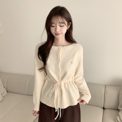 허리잘록 무이 라운드 버튼 봄 긴팔 스트랩 리본 보트넥 니트 가디건 데일리 스트링 단추 상의 5color 아이보리