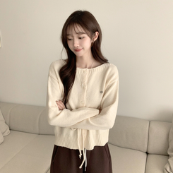 허리잘록 무이 라운드 버튼 봄 긴팔 스트랩 리본 보트넥 니트 가디건 데일리 스트링 단추 상의 5color 아이보리