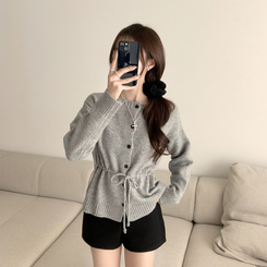 허리잘록 무이 라운드 버튼 봄 긴팔 스트랩 리본 보트넥 니트 가디건 데일리 스트링 단추 상의 5color 그레이