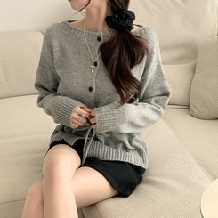 허리잘록 무이 라운드 버튼 봄 긴팔 스트랩 리본 보트넥 니트 가디건 데일리 스트링 단추 상의 5color 그레이