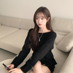 허리잘록 무이 라운드 버튼 봄 긴팔 스트랩 리본 보트넥 니트 가디건 데일리 스트링 단추 상의 5color 블랙