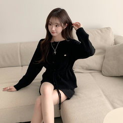 허리잘록 무이 라운드 버튼 봄 긴팔 스트랩 리본 보트넥 니트 가디건 데일리 스트링 단추 상의 5color 블랙