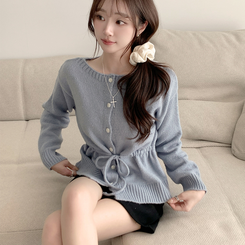 허리잘록 무이 라운드 버튼 봄 긴팔 스트랩 리본 보트넥 니트 가디건 데일리 스트링 단추 상의 5color 소라