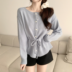 허리잘록 무이 라운드 버튼 봄 긴팔 스트랩 리본 보트넥 니트 가디건 데일리 스트링 단추 상의 5color 소라