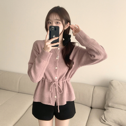 허리잘록 무이 라운드 버튼 봄 긴팔 스트랩 리본 보트넥 니트 가디건 데일리 스트링 단추 상의 5color 핑크