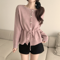 허리잘록 무이 라운드 버튼 봄 긴팔 스트랩 리본 보트넥 니트 가디건 데일리 스트링 단추 상의 5color 핑크