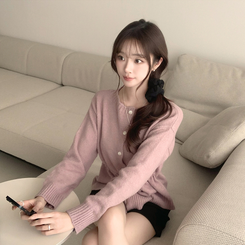 허리잘록 무이 라운드 버튼 봄 긴팔 스트랩 리본 보트넥 니트 가디건 데일리 스트링 단추 상의 5color 핑크