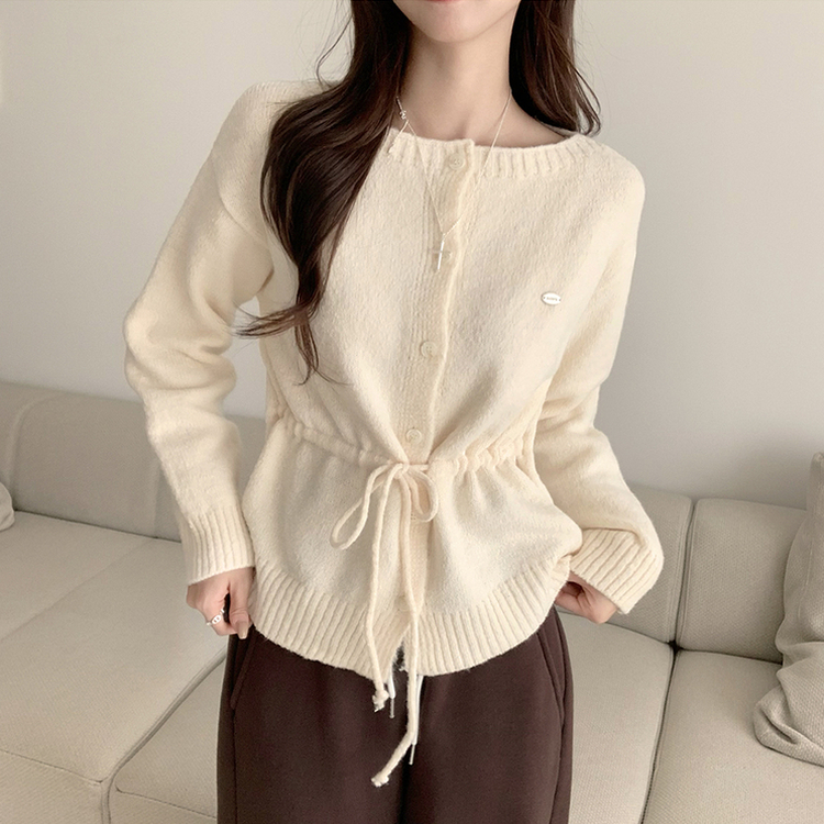 허리잘록 무이 라운드 버튼 봄 긴팔 스트랩 리본 보트넥 니트 가디건 데일리 스트링 단추 상의 5color 아이보리