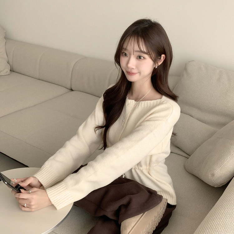 허리잘록 무이 라운드 버튼 봄 긴팔 스트랩 리본 보트넥 니트 가디건 데일리 스트링 단추 상의 5color 아이보리