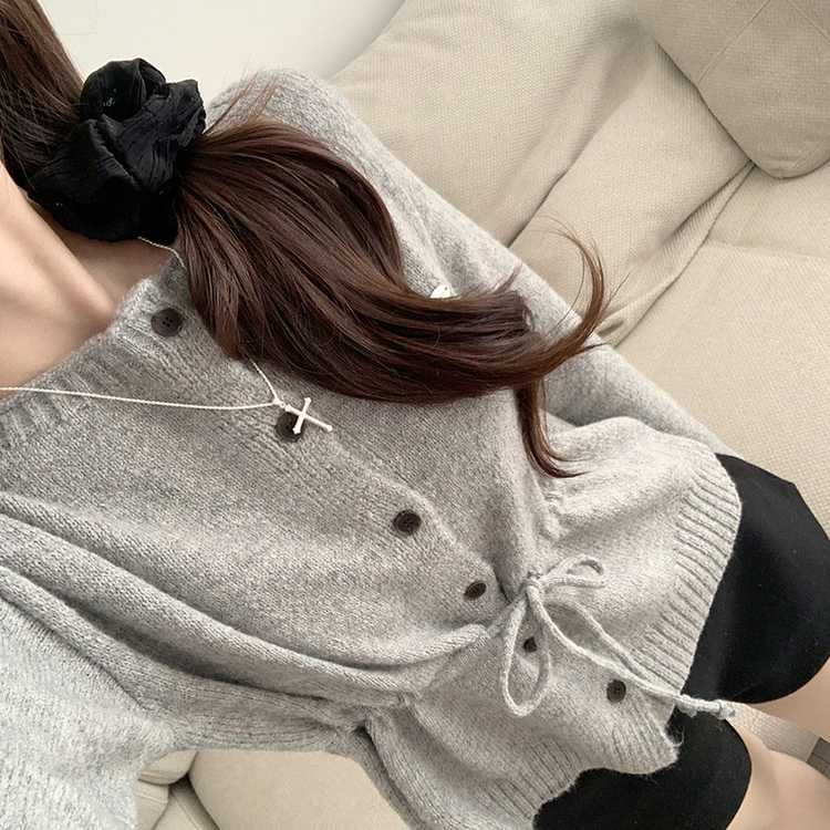 허리잘록 무이 라운드 버튼 봄 긴팔 스트랩 리본 보트넥 니트 가디건 데일리 스트링 단추 상의 5color 그레이