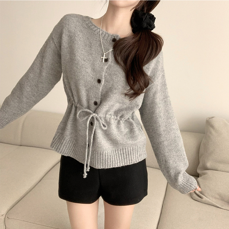 허리잘록 무이 라운드 버튼 봄 긴팔 스트랩 리본 보트넥 니트 가디건 데일리 스트링 단추 상의 5color 그레이