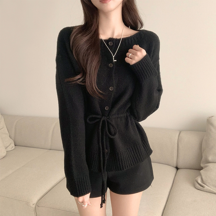 허리잘록 무이 라운드 버튼 봄 긴팔 스트랩 리본 보트넥 니트 가디건 데일리 스트링 단추 상의 5color 블랙
