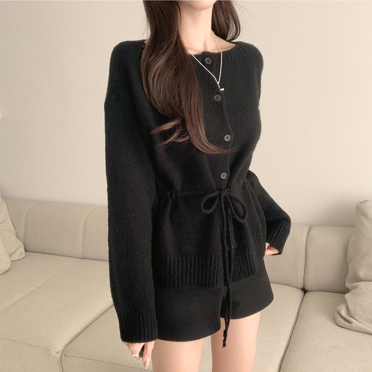 허리잘록 무이 라운드 버튼 봄 긴팔 스트랩 리본 보트넥 니트 가디건 데일리 스트링 단추 상의 5color 블랙