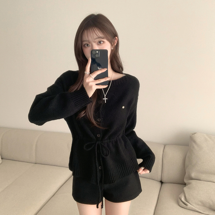 허리잘록 무이 라운드 버튼 봄 긴팔 스트랩 리본 보트넥 니트 가디건 데일리 스트링 단추 상의 5color 블랙