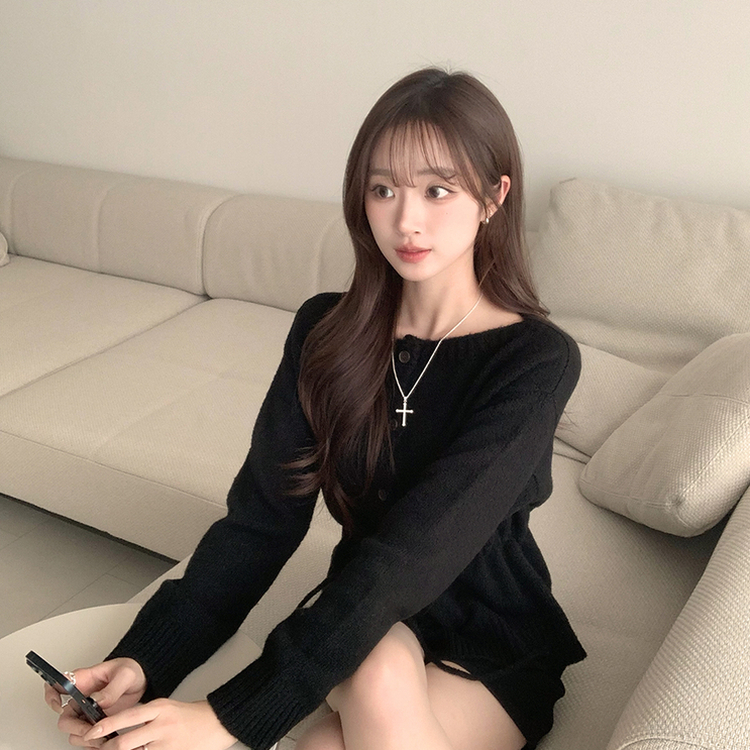 허리잘록 무이 라운드 버튼 봄 긴팔 스트랩 리본 보트넥 니트 가디건 데일리 스트링 단추 상의 5color 블랙