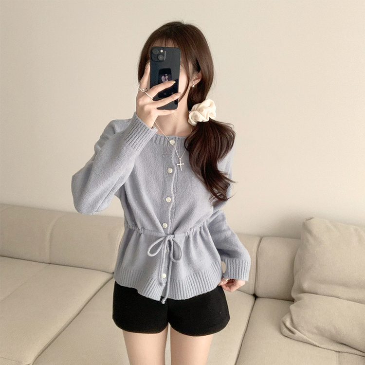 허리잘록 무이 라운드 버튼 봄 긴팔 스트랩 리본 보트넥 니트 가디건 데일리 스트링 단추 상의 5color 소라