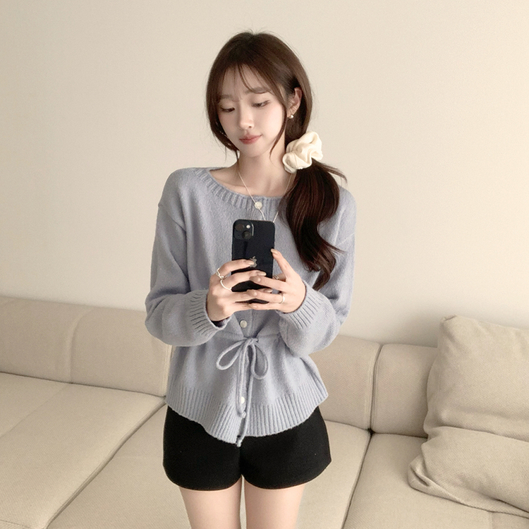허리잘록 무이 라운드 버튼 봄 긴팔 스트랩 리본 보트넥 니트 가디건 데일리 스트링 단추 상의 5color 소라