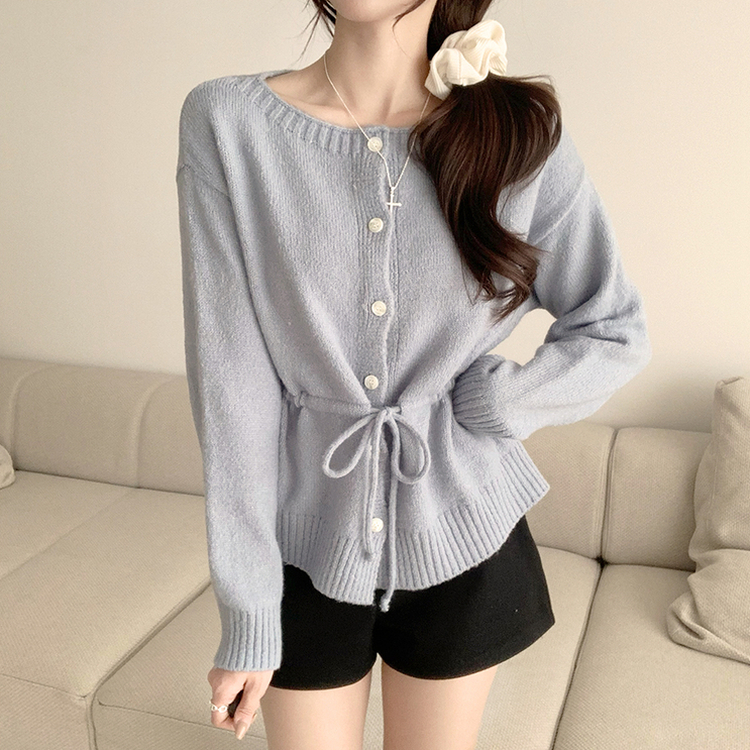 허리잘록 무이 라운드 버튼 봄 긴팔 스트랩 리본 보트넥 니트 가디건 데일리 스트링 단추 상의 5color 소라