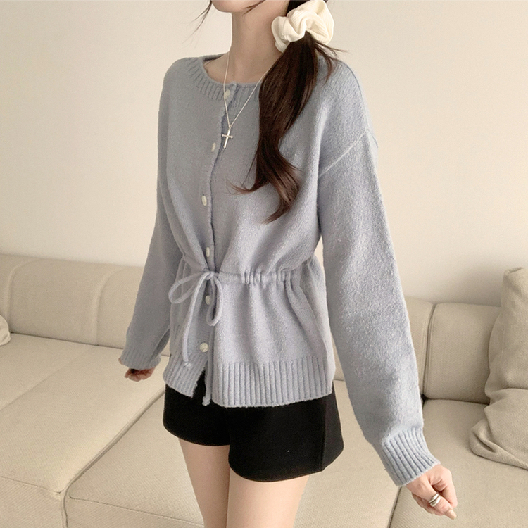 허리잘록 무이 라운드 버튼 봄 긴팔 스트랩 리본 보트넥 니트 가디건 데일리 스트링 단추 상의 5color 소라