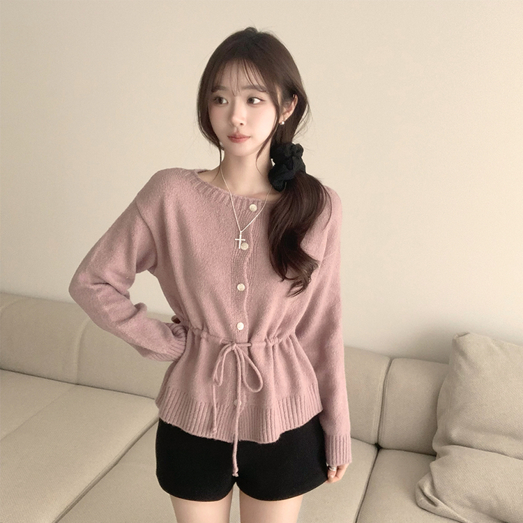 허리잘록 무이 라운드 버튼 봄 긴팔 스트랩 리본 보트넥 니트 가디건 데일리 스트링 단추 상의 5color 핑크