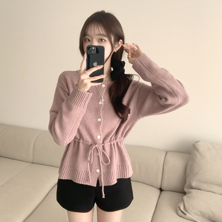 허리잘록 무이 라운드 버튼 봄 긴팔 스트랩 리본 보트넥 니트 가디건 데일리 스트링 단추 상의 5color 핑크