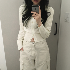 ケーブル編みVネックセミクロップドニットカーディガン(6color) CREAM