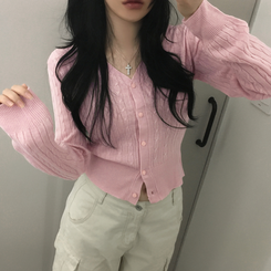 ケーブル編みVネックセミクロップドニットカーディガン(6color) PINK