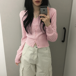 ケーブル編みVネックセミクロップドニットカーディガン(6color) PINK