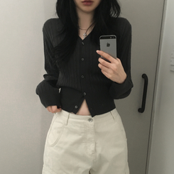 ケーブル編みVネックセミクロップドニットカーディガン(6color) CHARCOAL