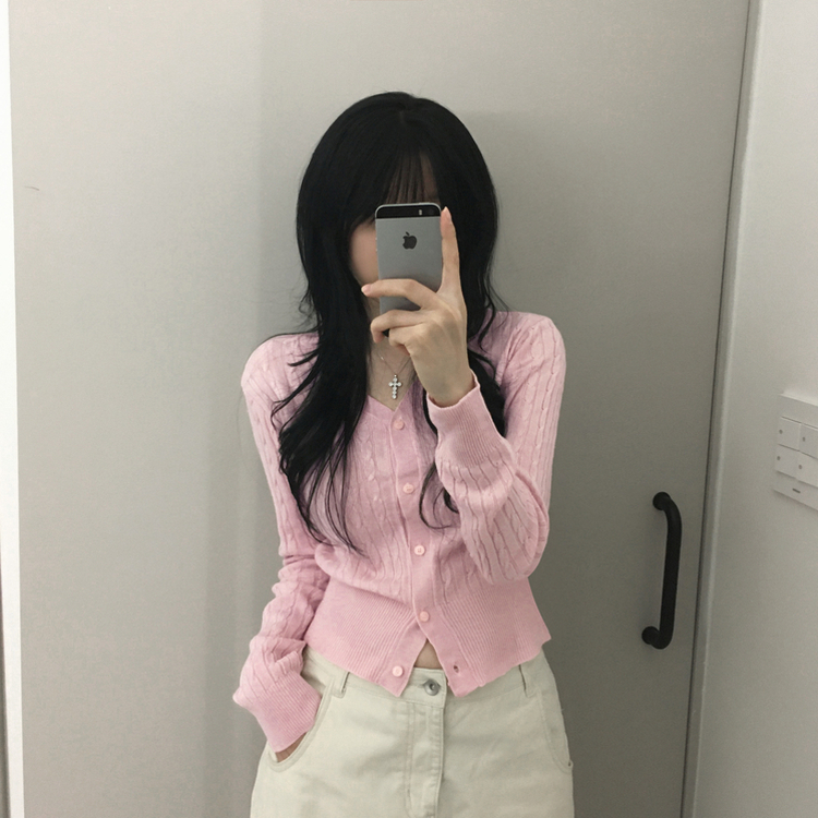 ケーブル編みVネックセミクロップドニットカーディガン(6color) PINK