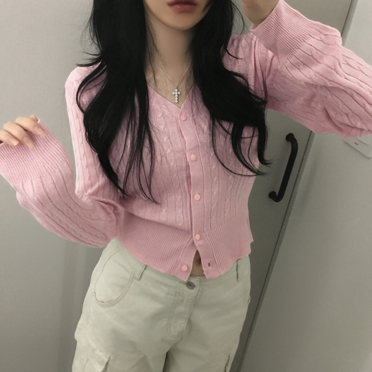 ケーブル編みVネックセミクロップドニットカーディガン(6color) PINK