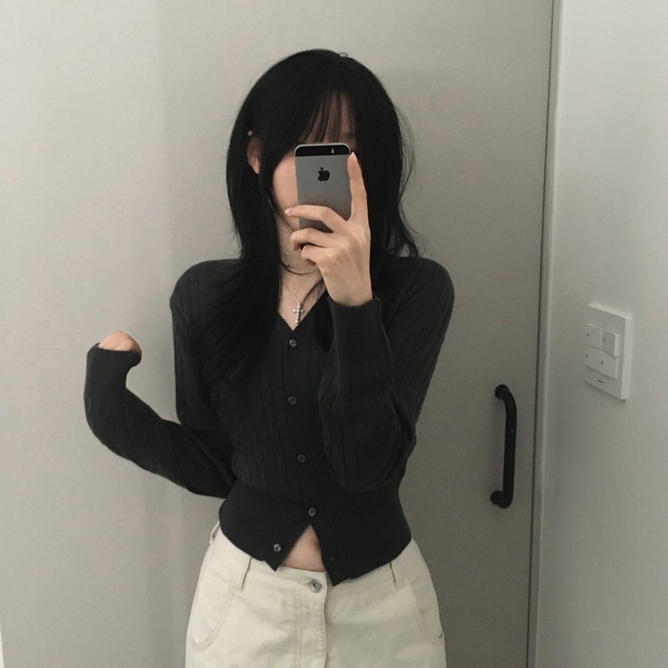 ケーブル編みVネックセミクロップドニットカーディガン(6color) CHARCOAL