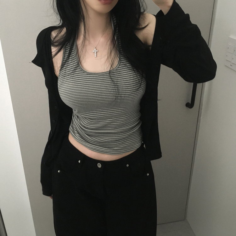 ストライプホルターネックスリムキャミソール GREY