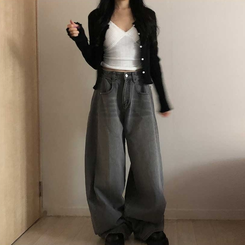 【丈別】ピンタックデイリーワイドデニムパンツ(5color) GREY