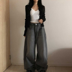 【丈別】ピンタックデイリーワイドデニムパンツ(5color) GREY