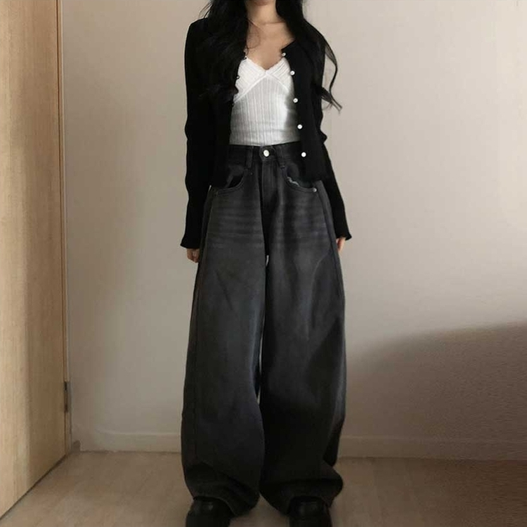 【丈別】ピンタックデイリーワイドデニムパンツ(5color) BLACK