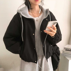 カジュアルバイカラーフードミリタリージャケット BLACK