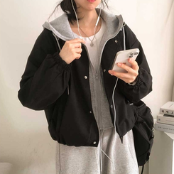 カジュアルバイカラーフードミリタリージャケット BLACK