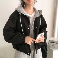 カジュアルバイカラーフードミリタリージャケット BLACK