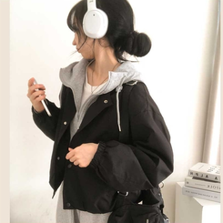 カジュアルバイカラーフードミリタリージャケット BLACK