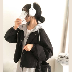 カジュアルバイカラーフードミリタリージャケット BLACK