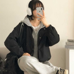 カジュアルバイカラーフードミリタリージャケット BLACK