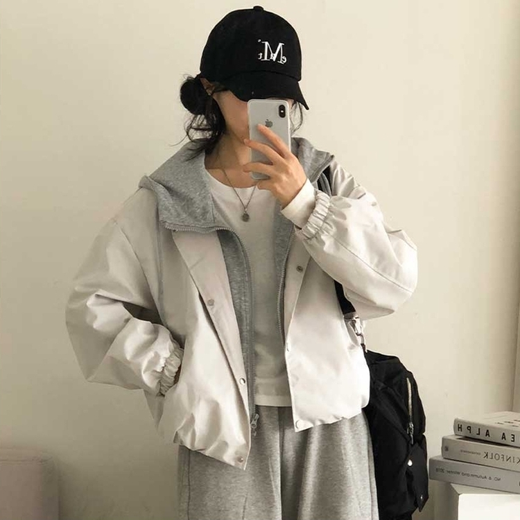 カジュアルバイカラーフードミリタリージャケット IVORY